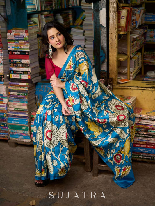 Heritage Blue Tussar Silk Saree with Bold Kalamkari Motifs