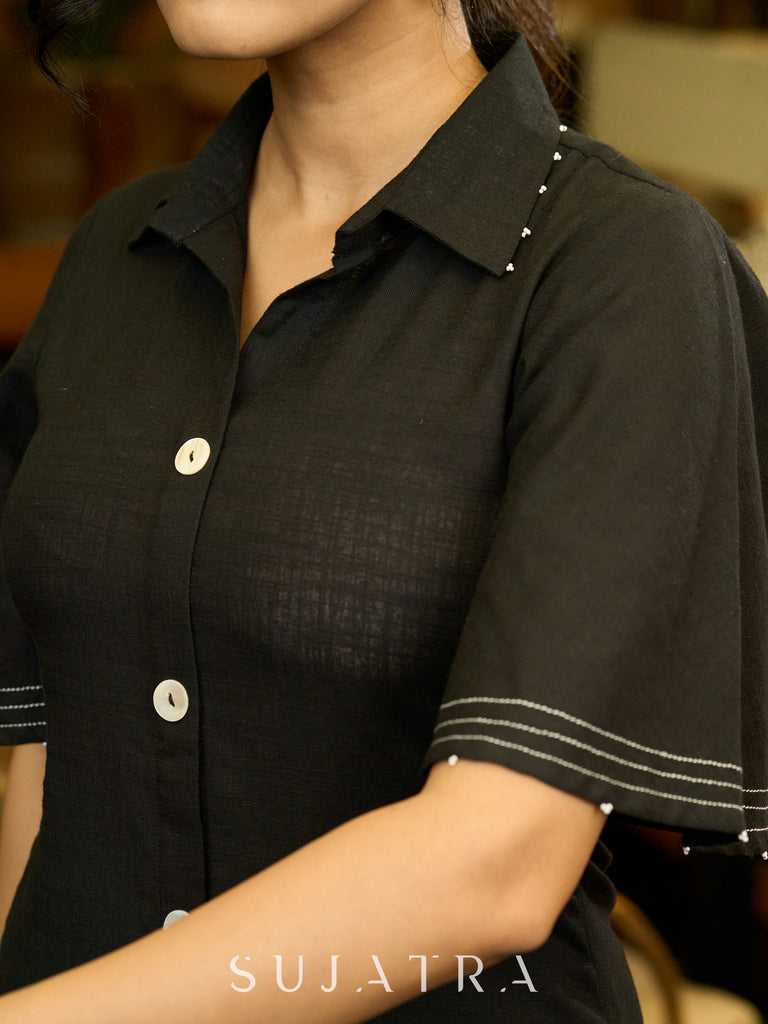 Black Elegance Cotton Shirt Dress with Kantha Stitches & Detailed Flared Sleeves