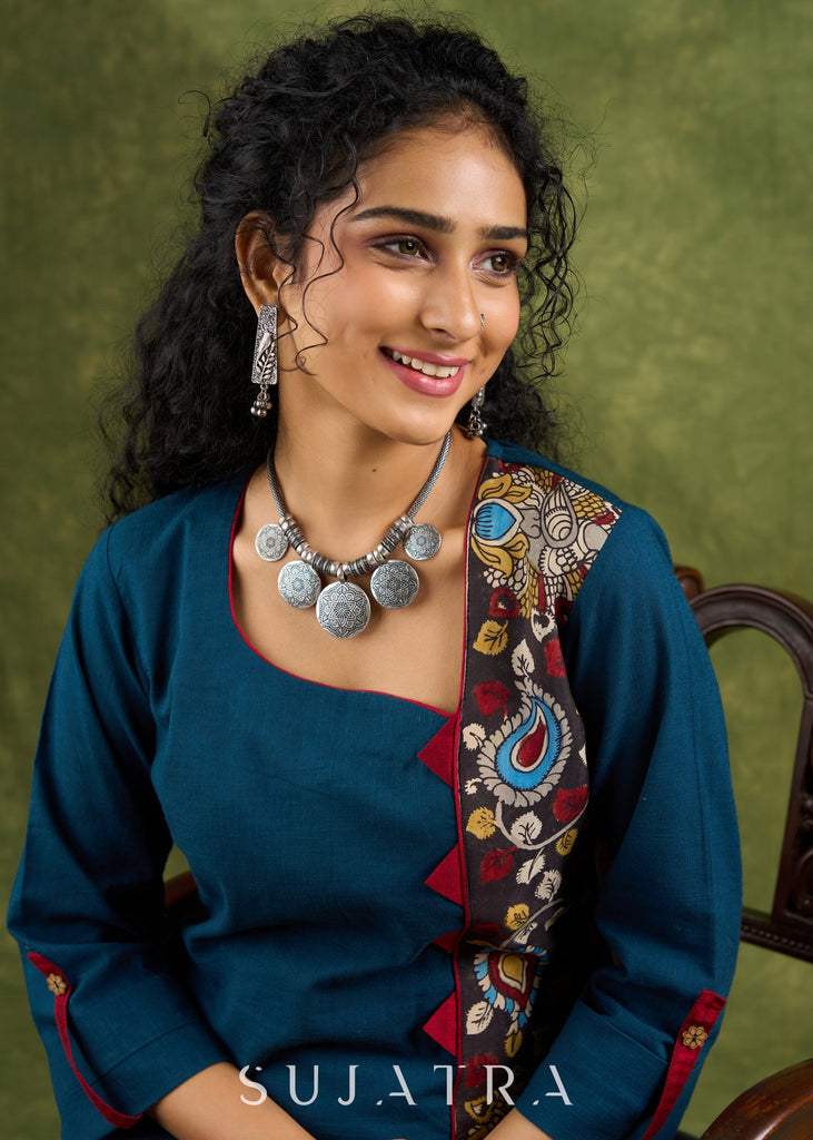 Vibrant Teal Cotton Kalamkari Combination Top - Pant Optional