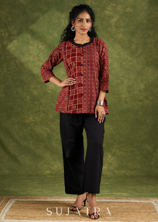 Classic Ajrakh Combination Maroon Cotton Top