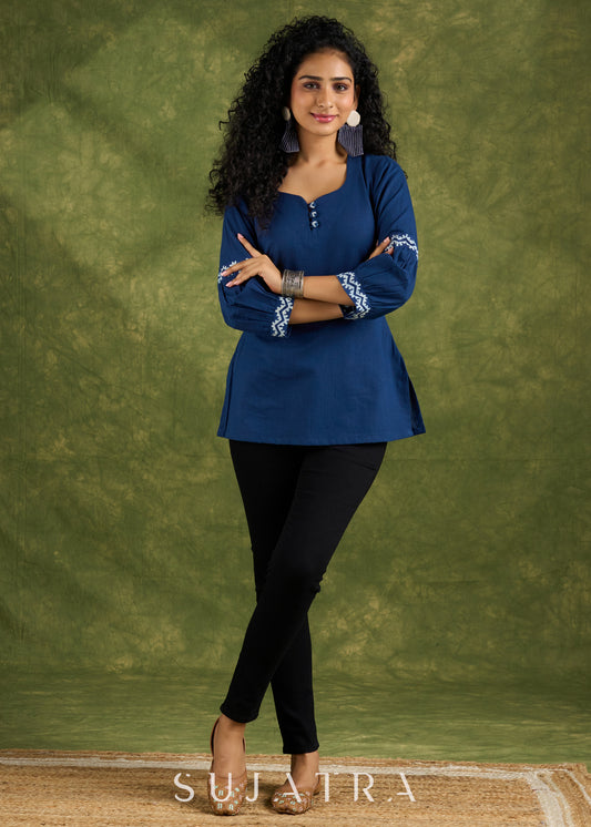 Navy Blue Cotton Top With Indigo Gathered Sleeves.