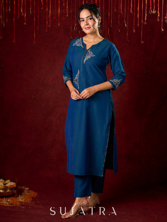 Contemporary peacock Cotton-Silk machine applique kurta - Pant and Dupatta optional