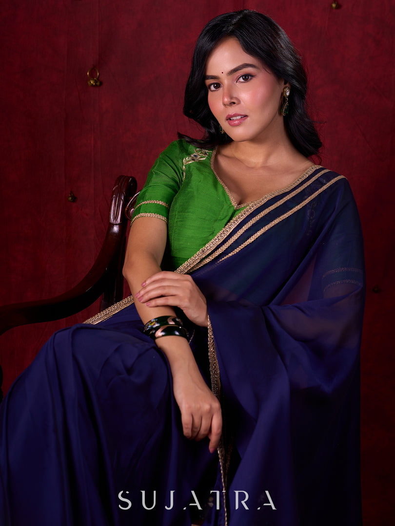 Royal Navy Silk Blend Ready To Wear Saree Adorned with Subtle Golden Lace