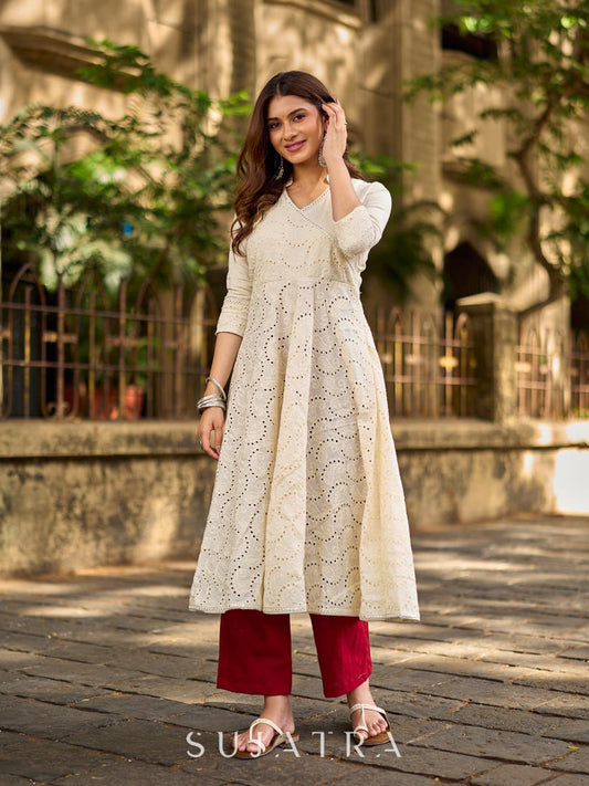 Classic Off-White Schiffli Embroidered Anarkali Kurta with Mirror Lace Trim