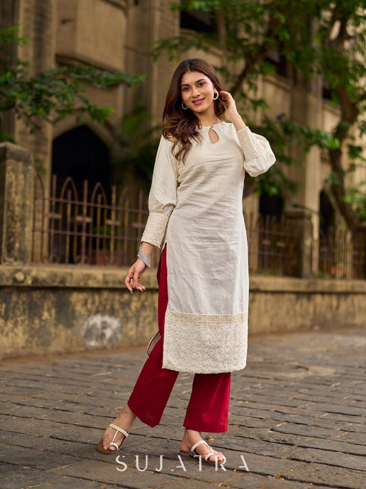 Simple Ivory Straight Kurta with Delicate Schiffli Hem Border & Gold Lace Detail