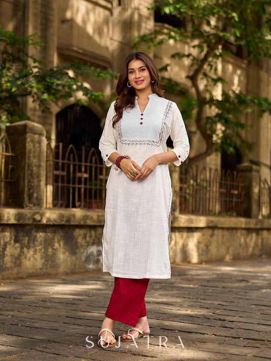 Elegant White Cotton Kurta with Hakoba Yoke & Delicate Hand Painted Border