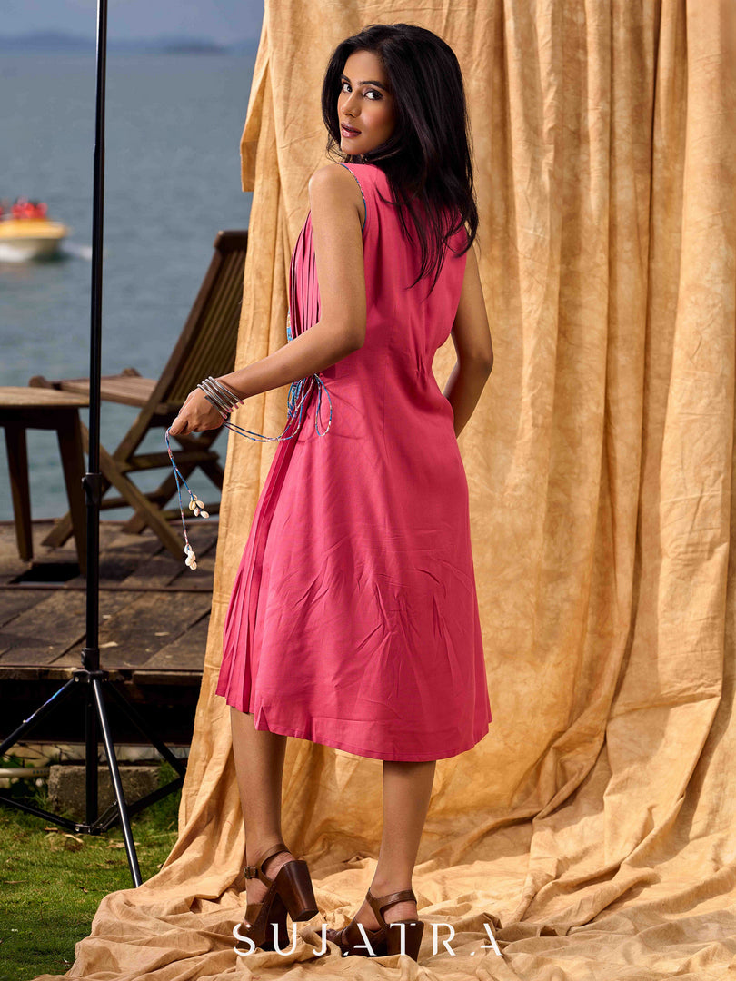 Rose Pink Pleated Wrap Dress with Floral Printed Blue Panel