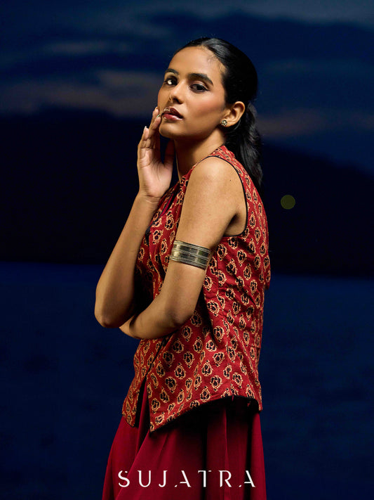 Deep Maroon Ajrakh Printed Cotton Overlap Waistcoat - Dress Optional