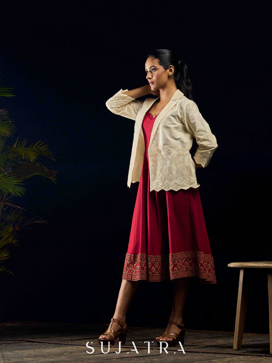 Ivory Cotton Hakoba Embroidered Jacket with Scalloped Hem