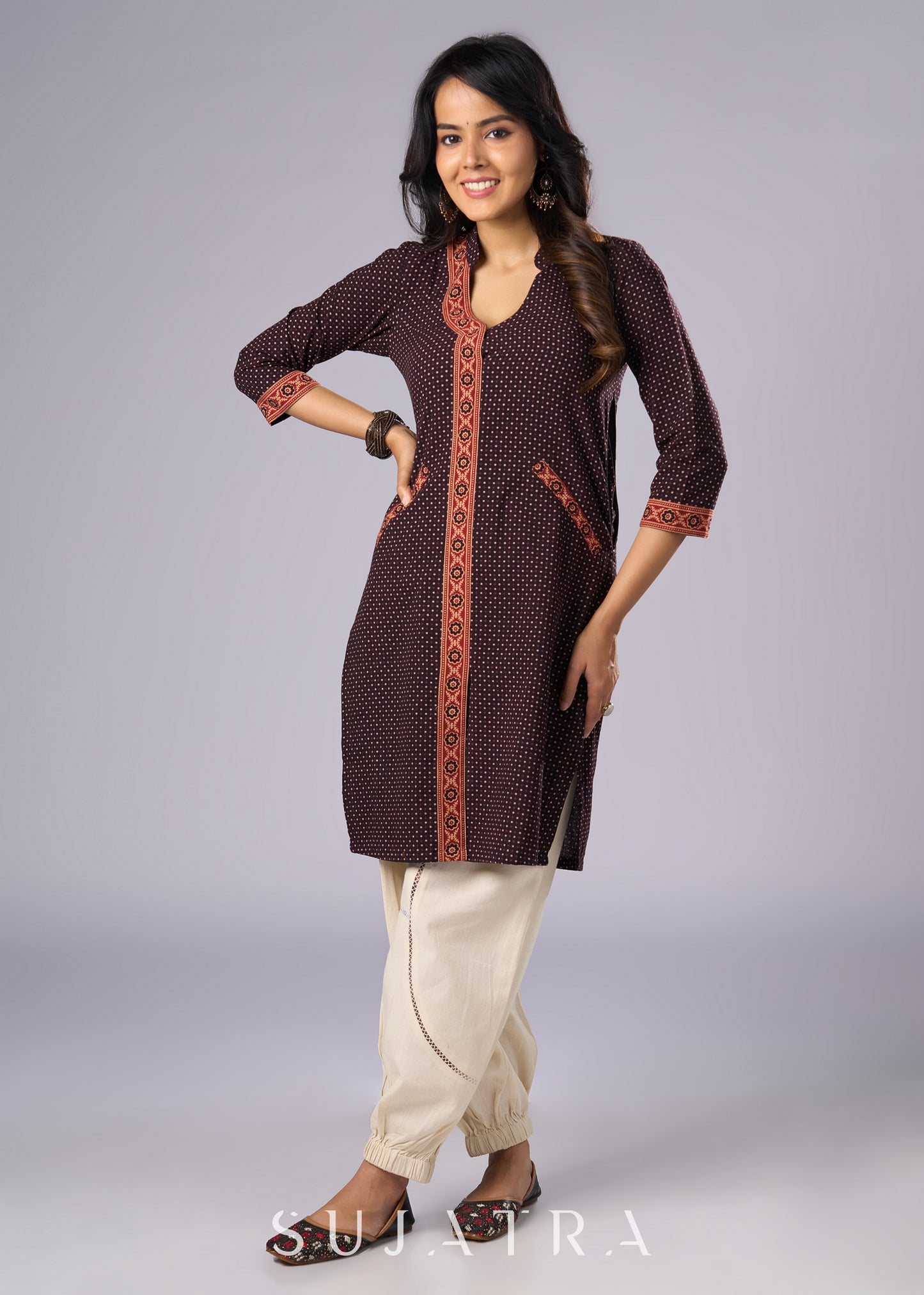 Elegant Black Cotton Ajrakh Tunic - Pant Additional