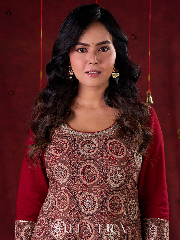 Rustic Brown Ajrakh Cotton Kurta with Handcrafted embroidery all over