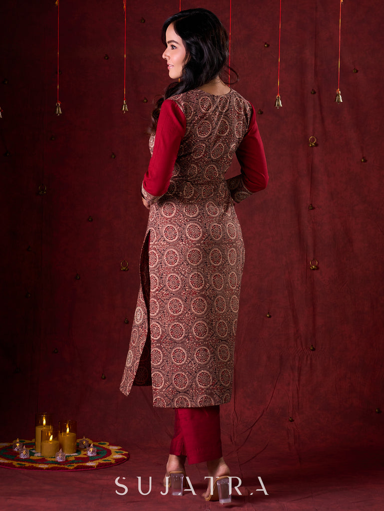 Rustic Brown Ajrakh Cotton Kurta with Handcrafted embroidery all over