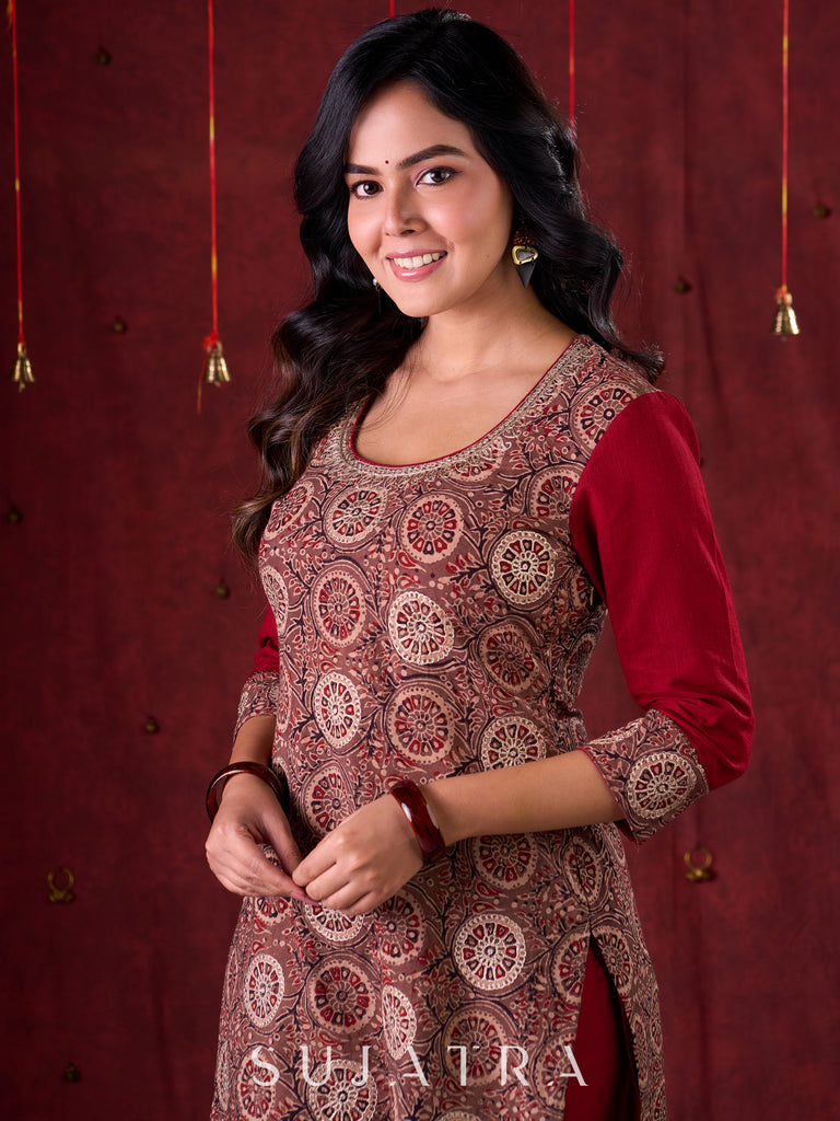 Rustic Brown Ajrakh Cotton Kurta with Handcrafted embroidery all over