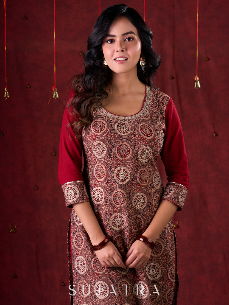 Rustic Brown Ajrakh Cotton Kurta with Handcrafted embroidery all over