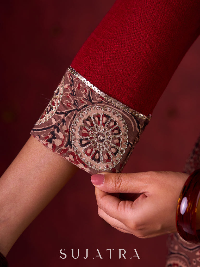 Rustic Brown Ajrakh Cotton Kurta with Handcrafted embroidery all over