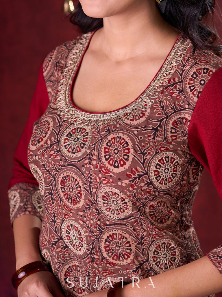Rustic Brown Ajrakh Cotton Kurta with Handcrafted embroidery all over