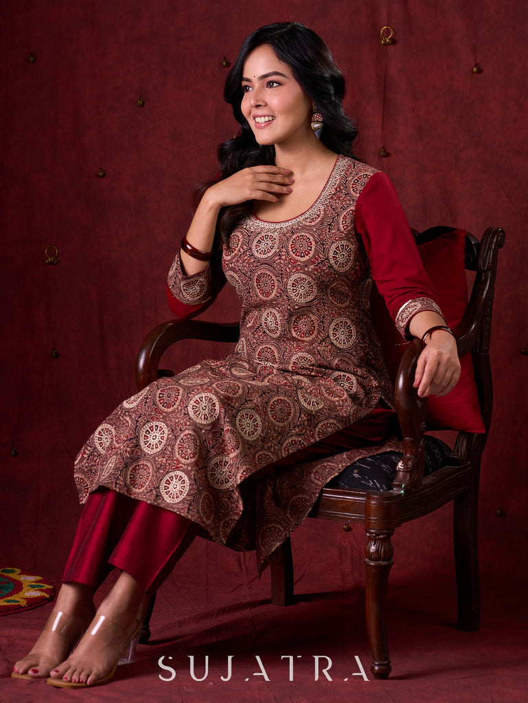 Rustic Brown Ajrakh Cotton Kurta with Handcrafted embroidery all over