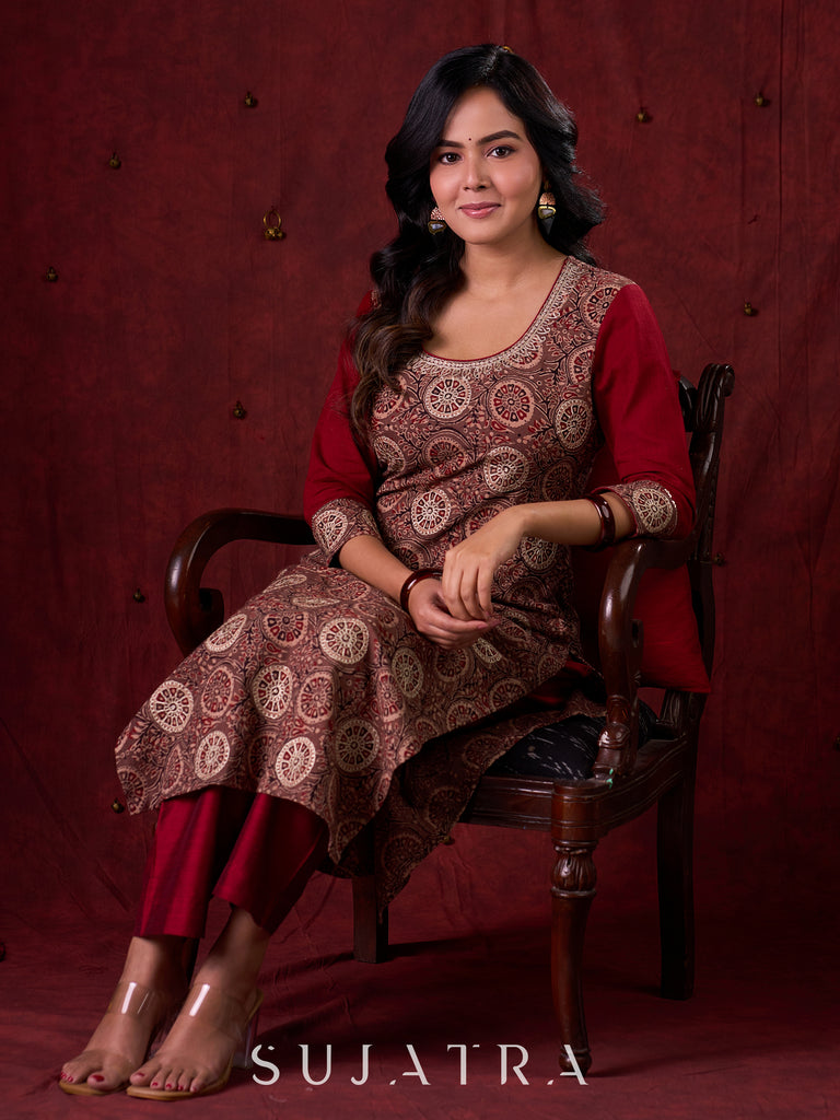 Rustic Brown Ajrakh Cotton Kurta with Handcrafted embroidery all over