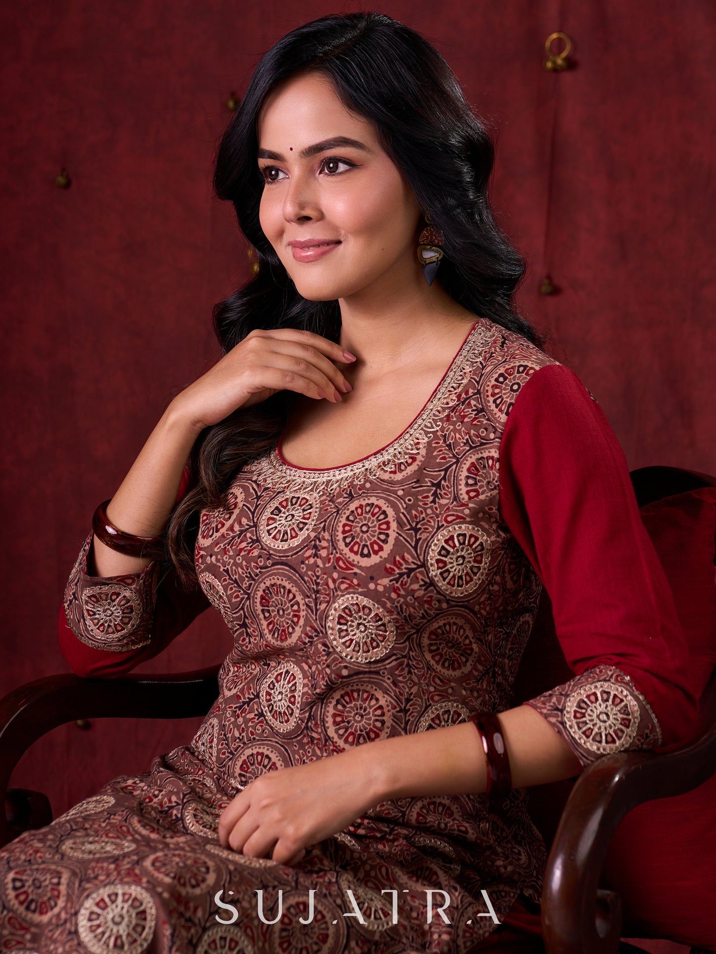Rustic Brown Ajrakh Cotton Kurta with Handcrafted embroidery all over