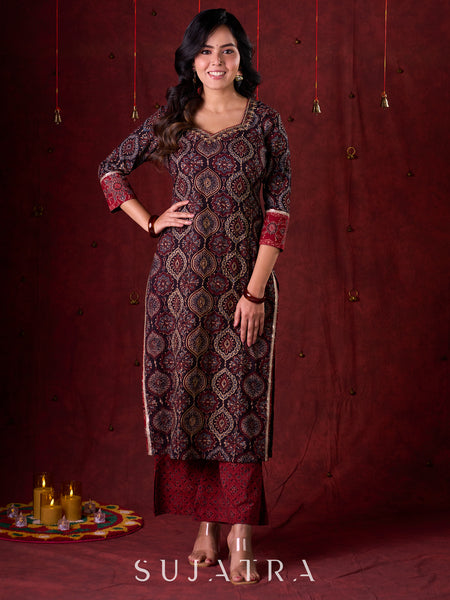 Black & Maroon Ajrakh Hand Block-Printed Kurta with Elegant Embroidery & lace highlights