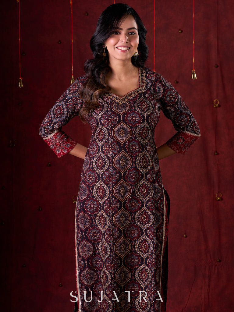 Black & Maroon Ajrakh Hand Block-Printed Kurta with Elegant Embroidery & lace highlights