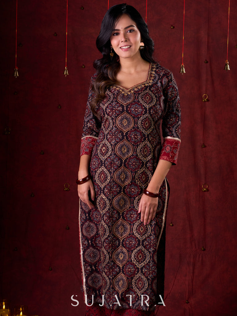 Black & Maroon Ajrakh Hand Block-Printed Kurta with Elegant Embroidery & lace highlights
