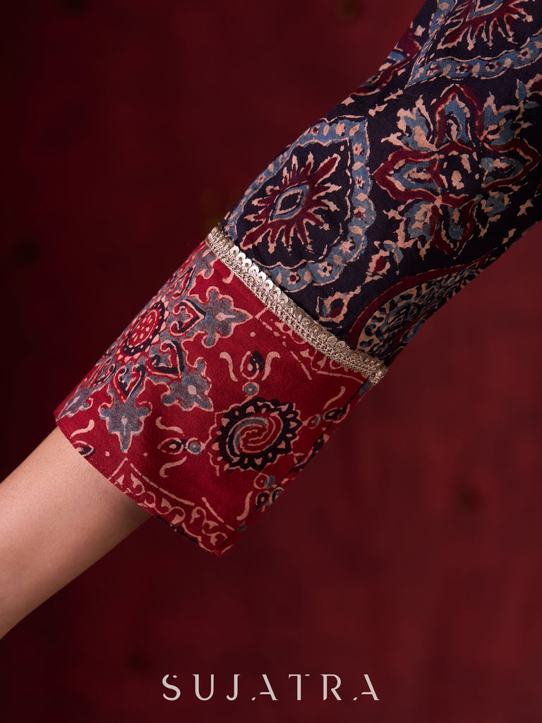 Black & Maroon Ajrakh Hand Block-Printed Kurta with Elegant Embroidery & lace highlights