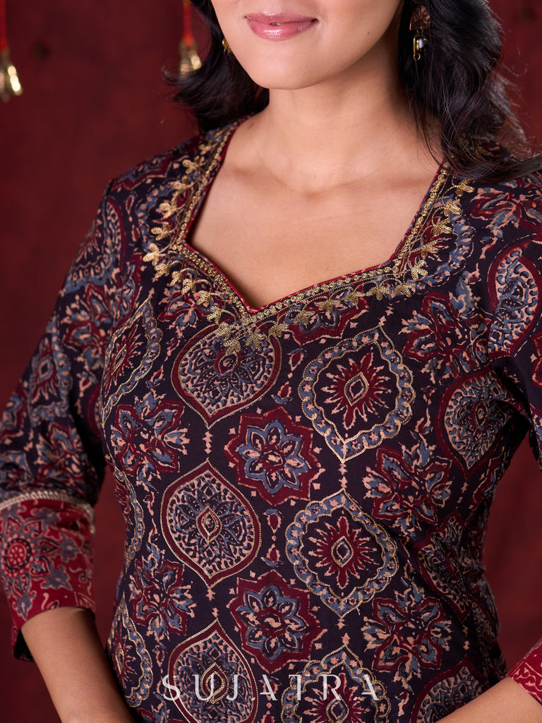 Black & Maroon Ajrakh Hand Block-Printed Kurta with Elegant Embroidery & lace highlights