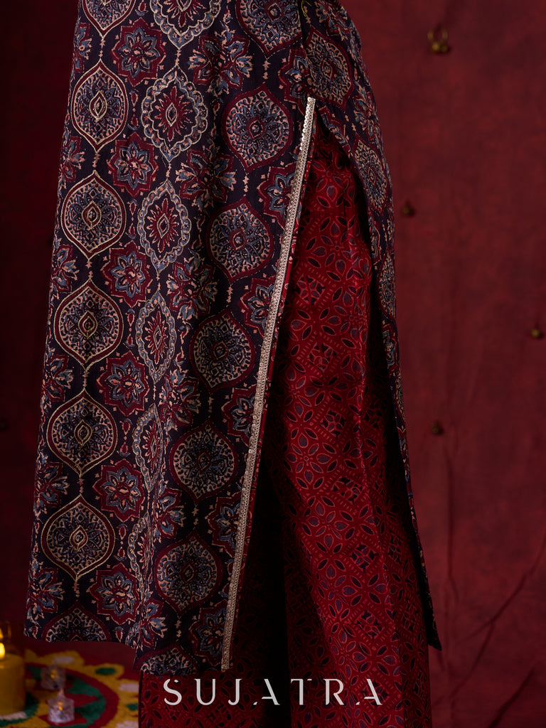 Black & Maroon Ajrakh Hand Block-Printed Kurta with Elegant Embroidery & lace highlights