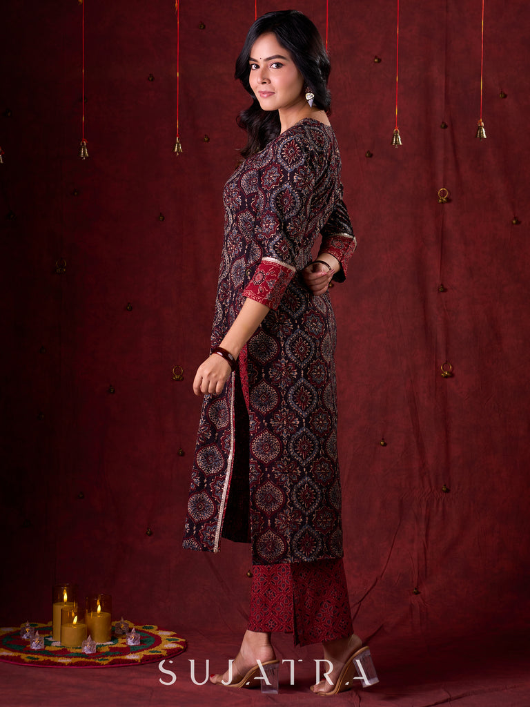Black & Maroon Ajrakh Hand Block-Printed Kurta with Elegant Embroidery & lace highlights