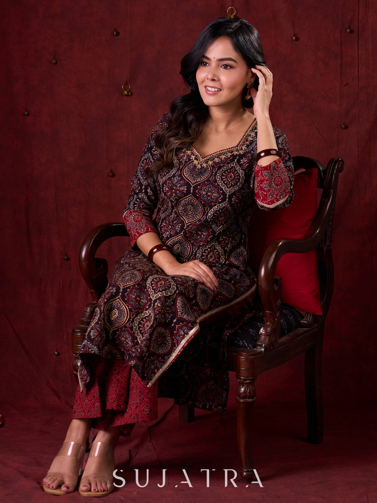 Black & Maroon Ajrakh Hand Block-Printed Kurta with Elegant Embroidery & lace highlights