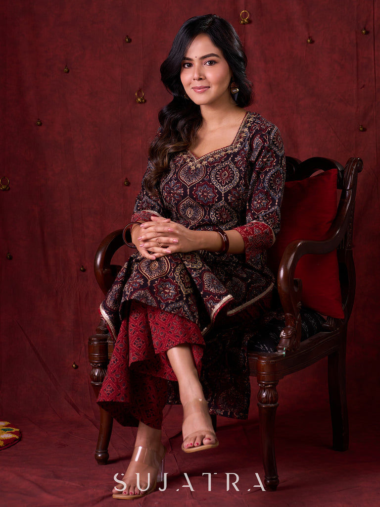 Black & Maroon Ajrakh Hand Block-Printed Kurta with Elegant Embroidery & lace highlights