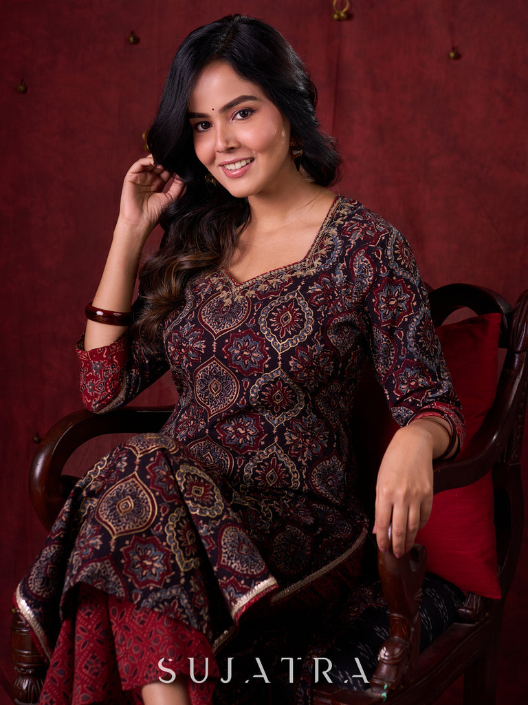 Black & Maroon Ajrakh Hand Block-Printed Kurta with Elegant Embroidery & lace highlights