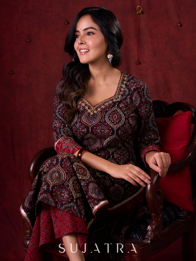 Black & Maroon Ajrakh Hand Block-Printed Kurta with Elegant Embroidery & lace highlights