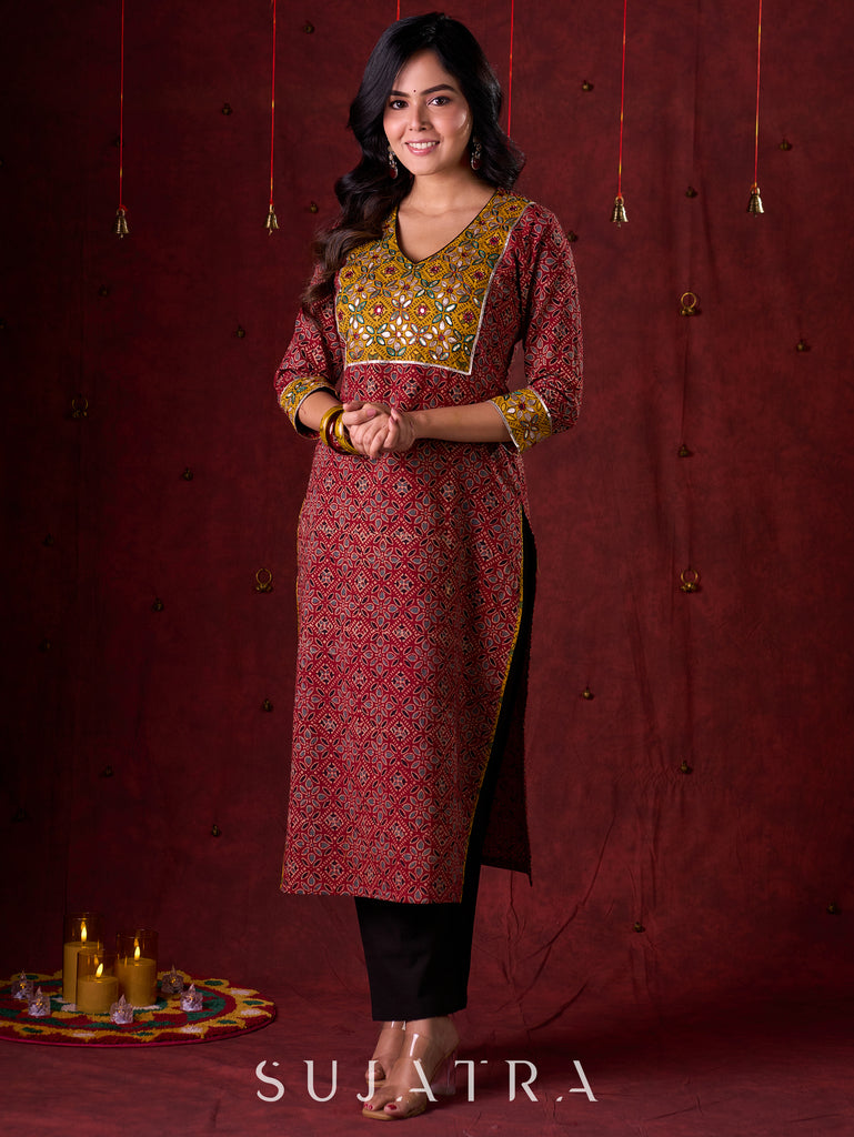 Dual-Tone Ajrakh Cotton Kurta in Maroon & Mustard with Subtle Hand Embroidery