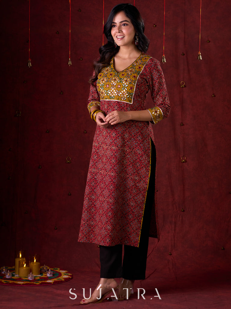 Dual-Tone Ajrakh Cotton Kurta in Maroon & Mustard with Subtle Hand Embroidery