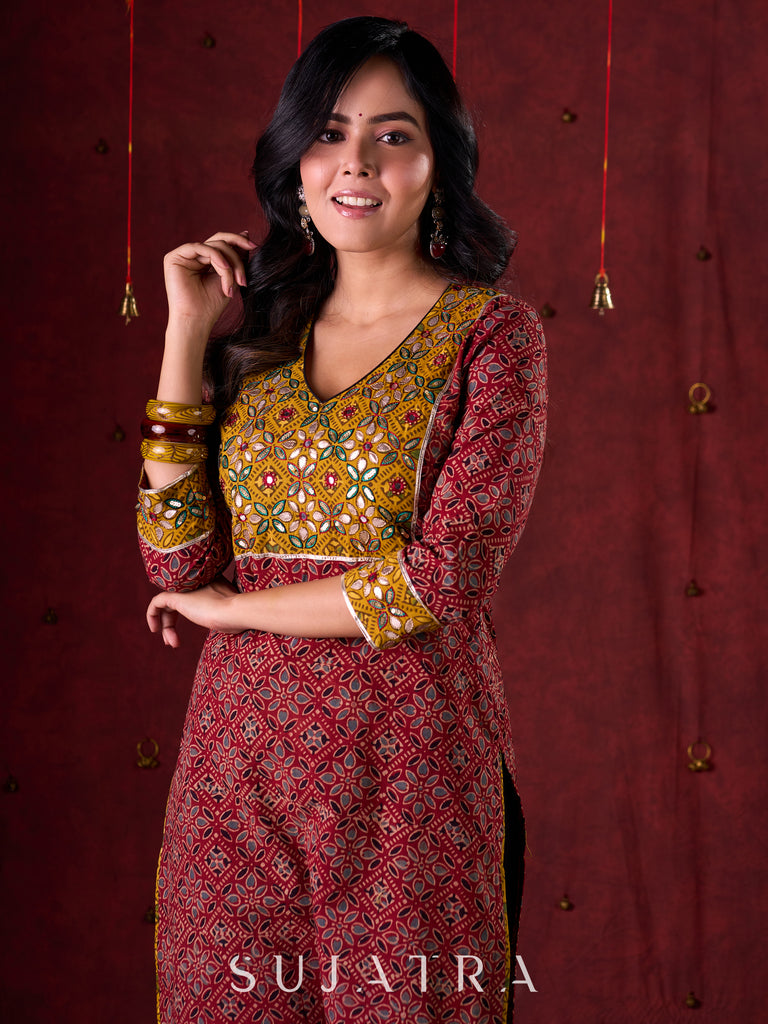 Dual-Tone Ajrakh Cotton Kurta in Maroon & Mustard with Subtle Hand Embroidery