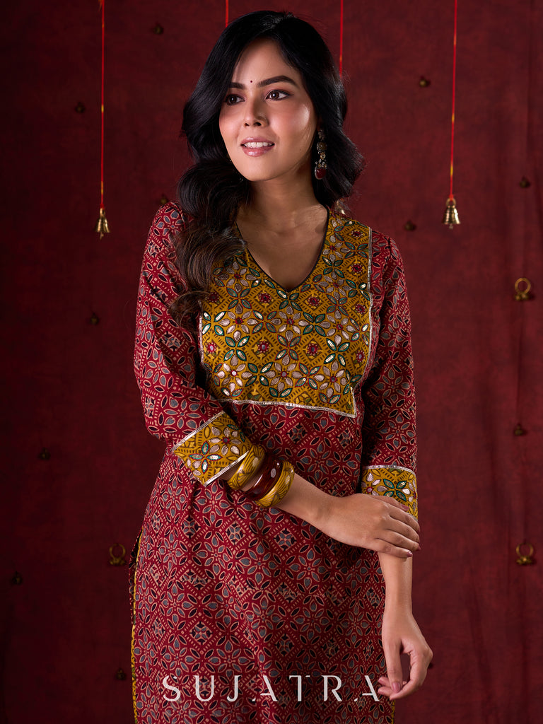Dual-Tone Ajrakh Cotton Kurta in Maroon & Mustard with Subtle Hand Embroidery