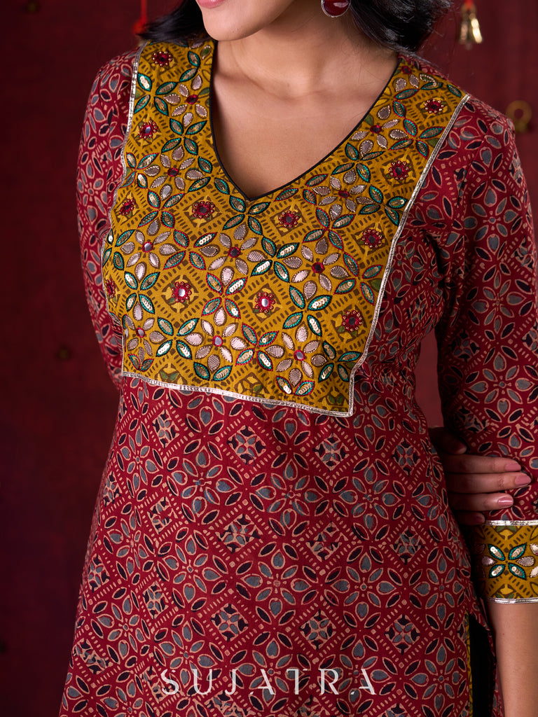 Dual-Tone Ajrakh Cotton Kurta in Maroon & Mustard with Subtle Hand Embroidery