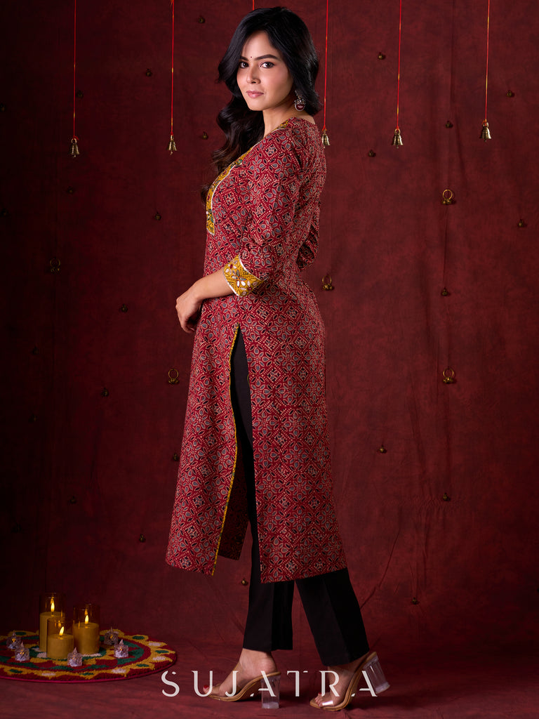 Dual-Tone Ajrakh Cotton Kurta in Maroon & Mustard with Subtle Hand Embroidery