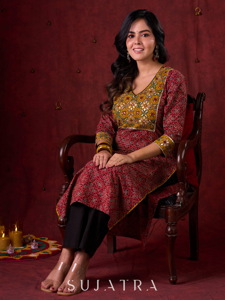 Dual-Tone Ajrakh Cotton Kurta in Maroon & Mustard with Subtle Hand Embroidery
