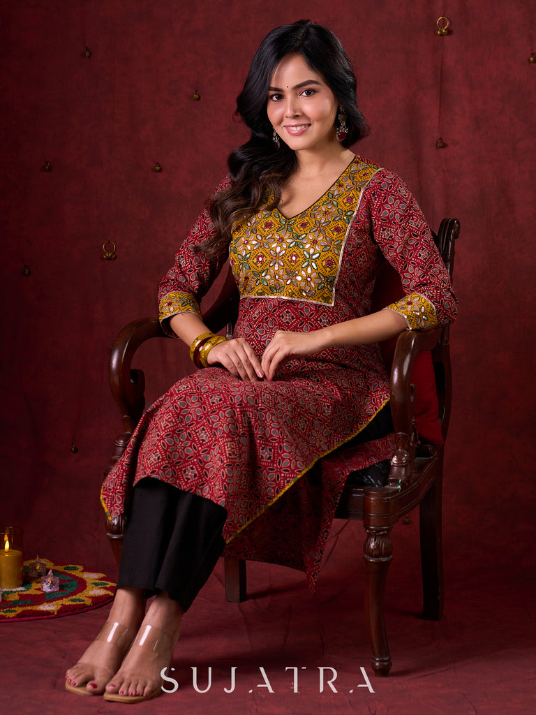 Dual-Tone Ajrakh Cotton Kurta in Maroon & Mustard with Subtle Hand Embroidery