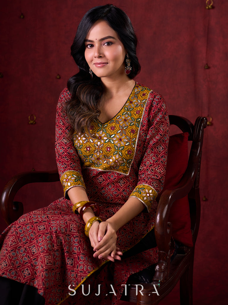 Dual-Tone Ajrakh Cotton Kurta in Maroon & Mustard with Subtle Hand Embroidery