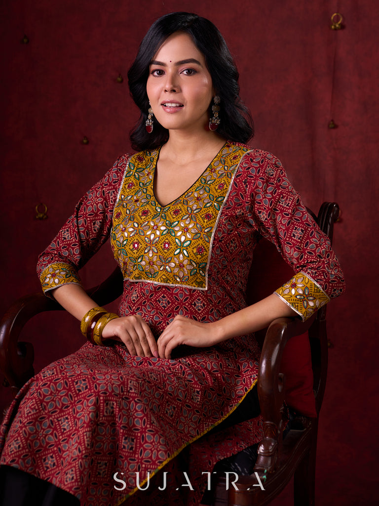 Dual-Tone Ajrakh Cotton Kurta in Maroon & Mustard with Subtle Hand Embroidery