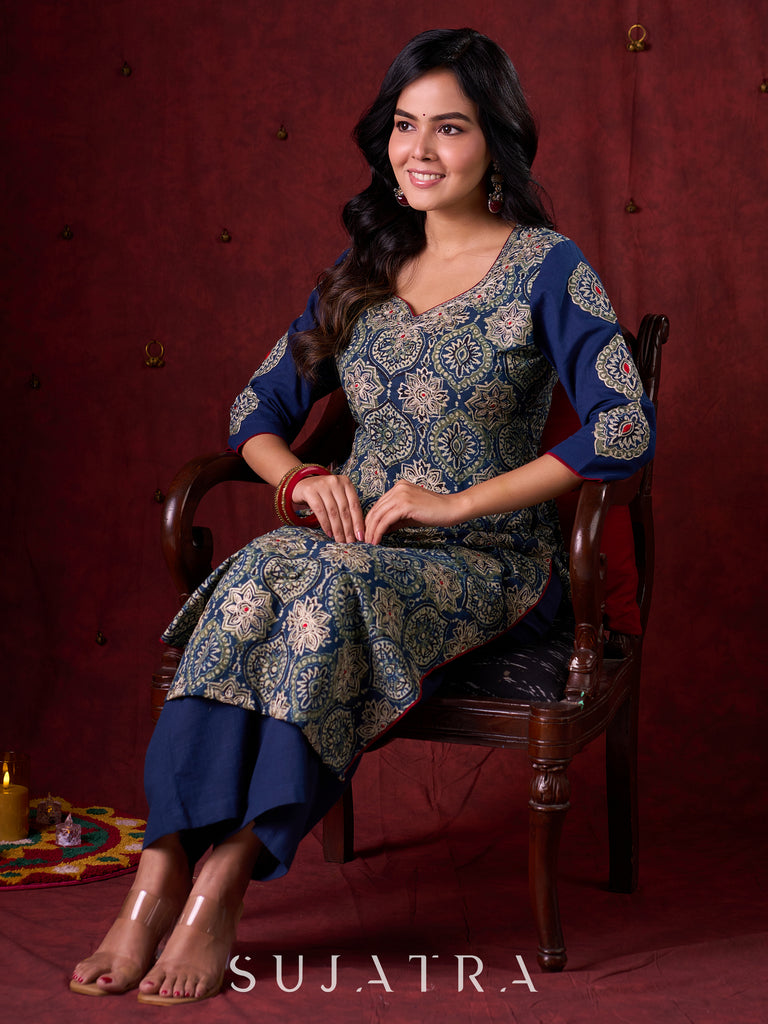 Blue Hand Block-Printed Ajrakh Cotton Kurta with Minimal Embroidery and Applique Sleeves