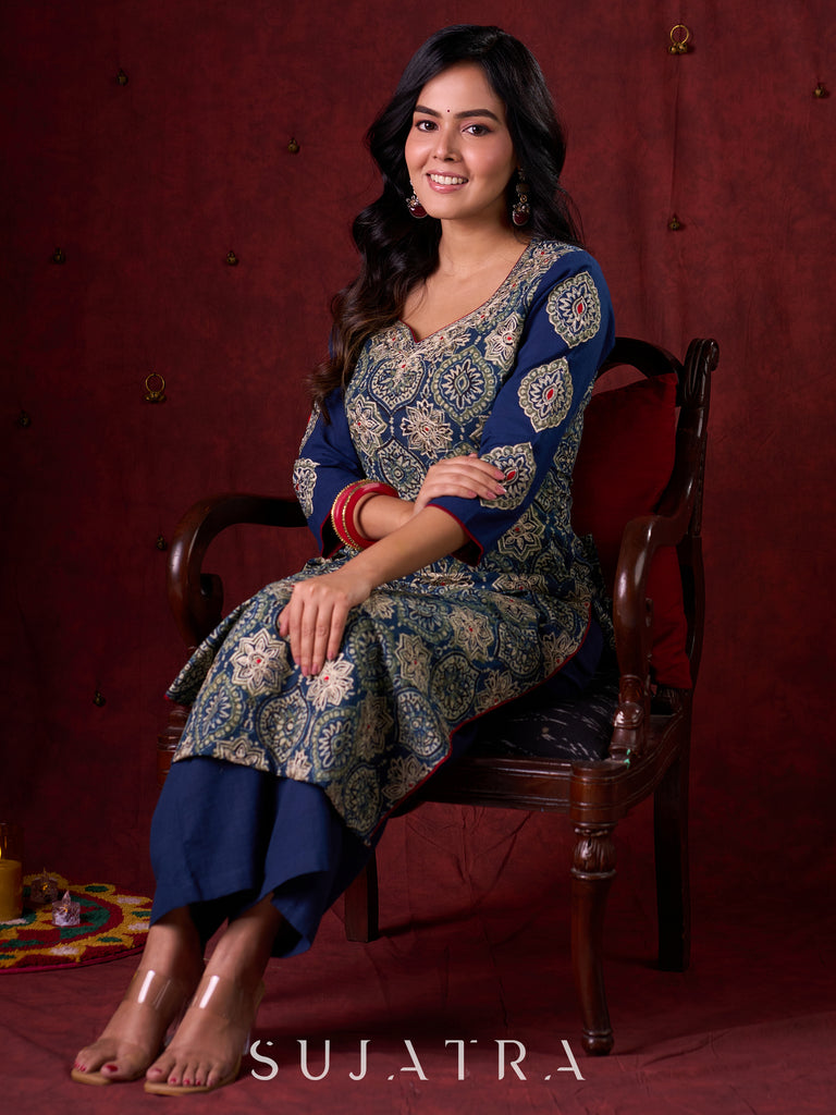 Blue Hand Block-Printed Ajrakh Cotton Kurta with Minimal Embroidery and Applique Sleeves
