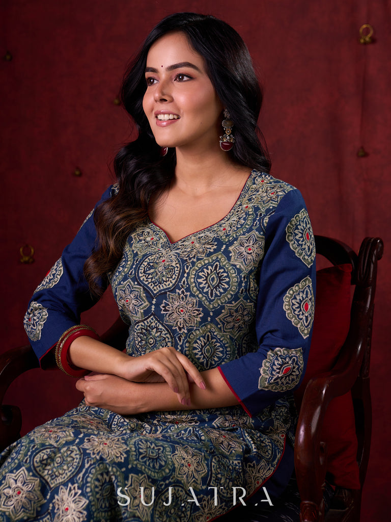 Blue Hand Block-Printed Ajrakh Cotton Kurta with Minimal Embroidery and Applique Sleeves