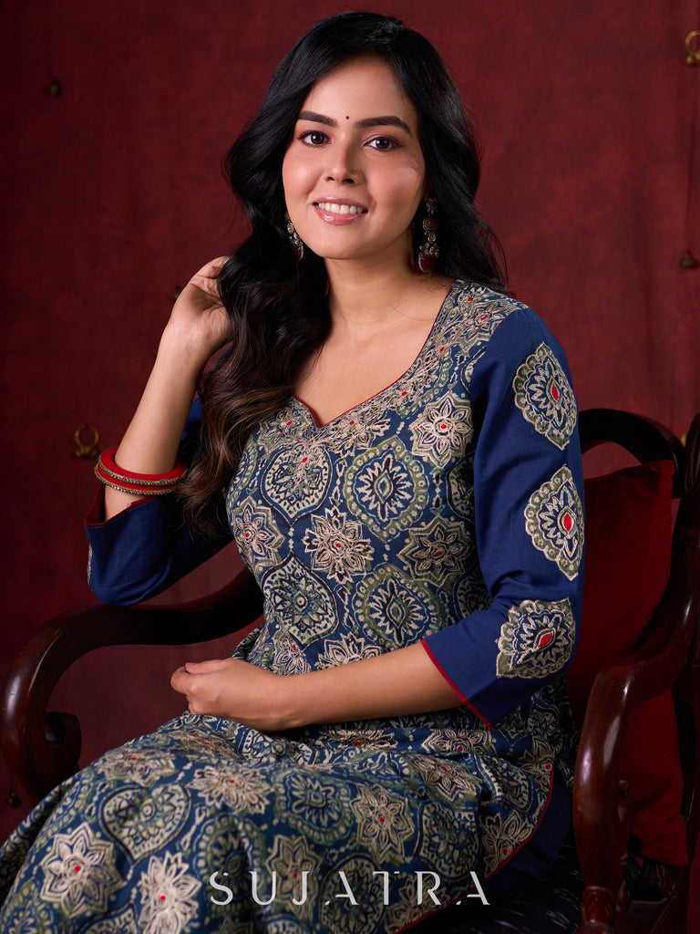 Blue Hand Block-Printed Ajrakh Cotton Kurta with Minimal Embroidery and Applique Sleeves