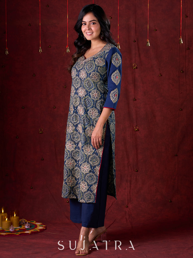Blue Hand Block-Printed Ajrakh Cotton Kurta with Minimal Embroidery and Applique Sleeves