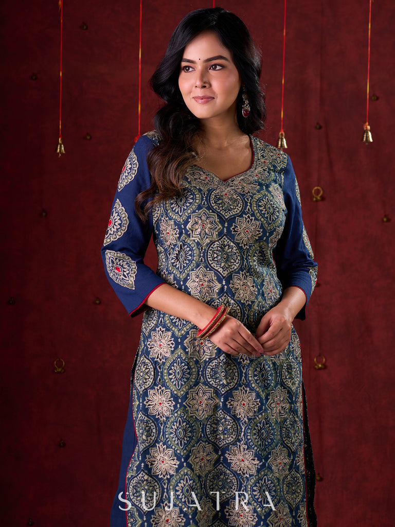 Blue Hand Block-Printed Ajrakh Cotton Kurta with Minimal Embroidery and Applique Sleeves
